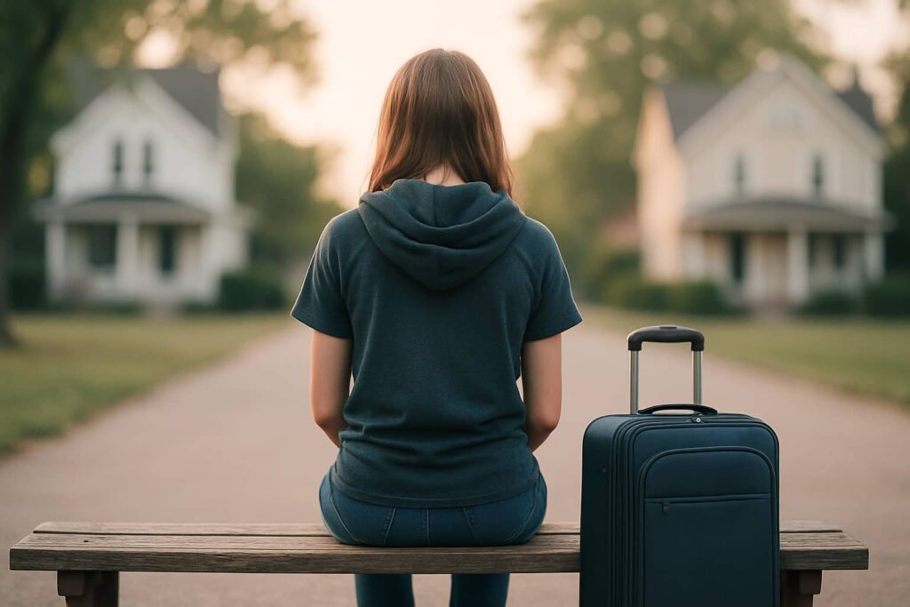 A child sitting on a bench with a suitcase between two houses, representing kids living in two homes after divorce.