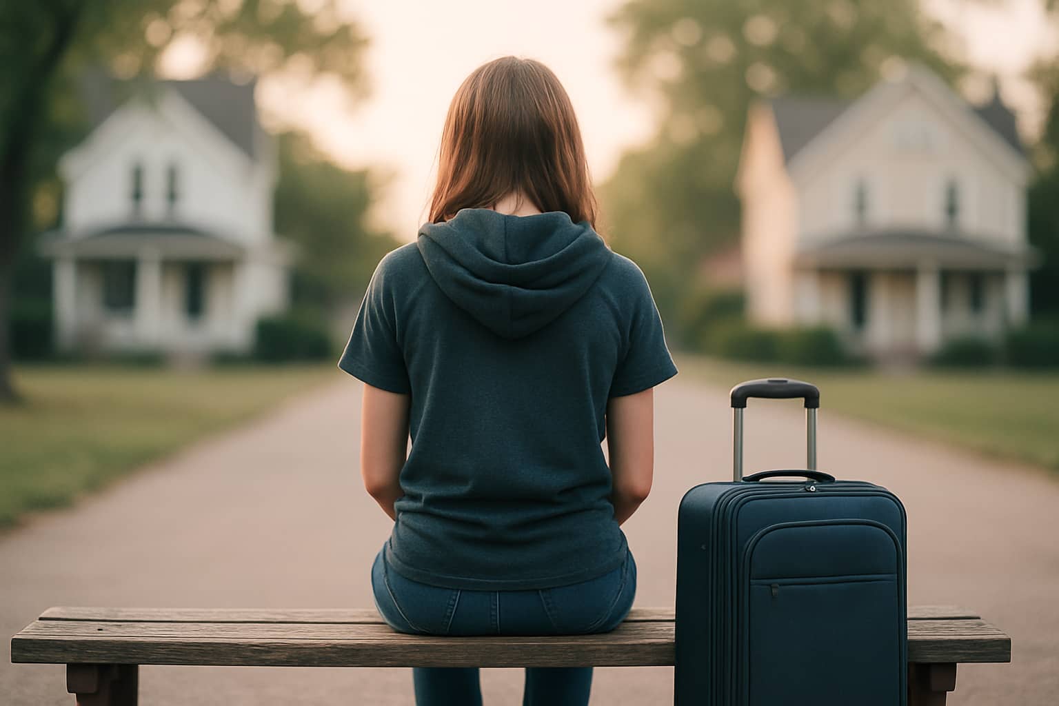 A child sitting on a bench with a suitcase between two houses, representing kids living in two homes after divorce.