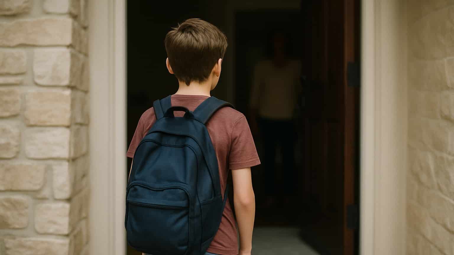 Child standing in a doorway with a backpack, symbolizing parental alienation during divorce