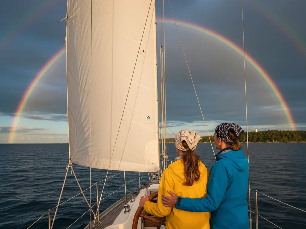 Parent and child standing on a sailboat beneath a rainbow, symbolizing hope and direction after divorce