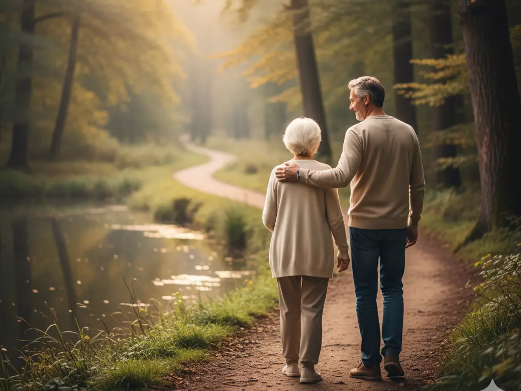 Parent and adult child talking and laughing together, showing closeness and warmth