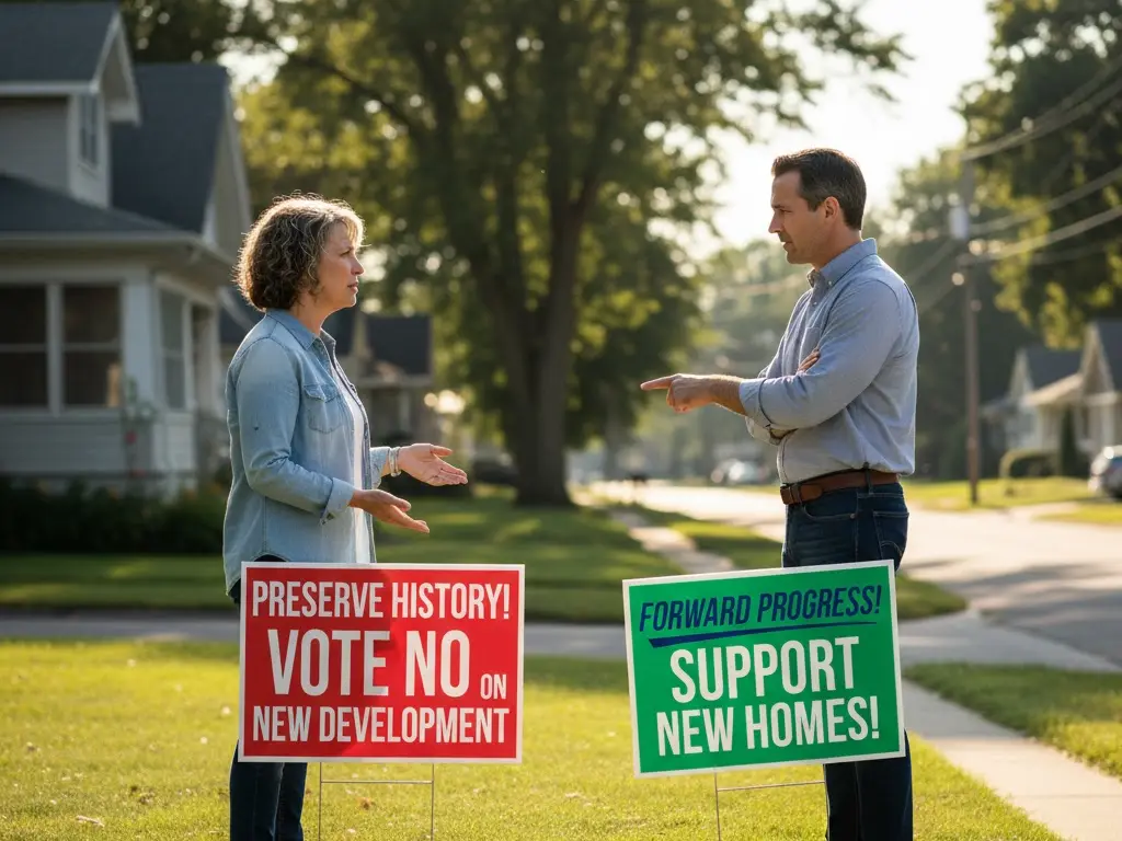 Two neighbors with opposing yard signs having a calm discussion, symbolizing how perspective shapes understanding