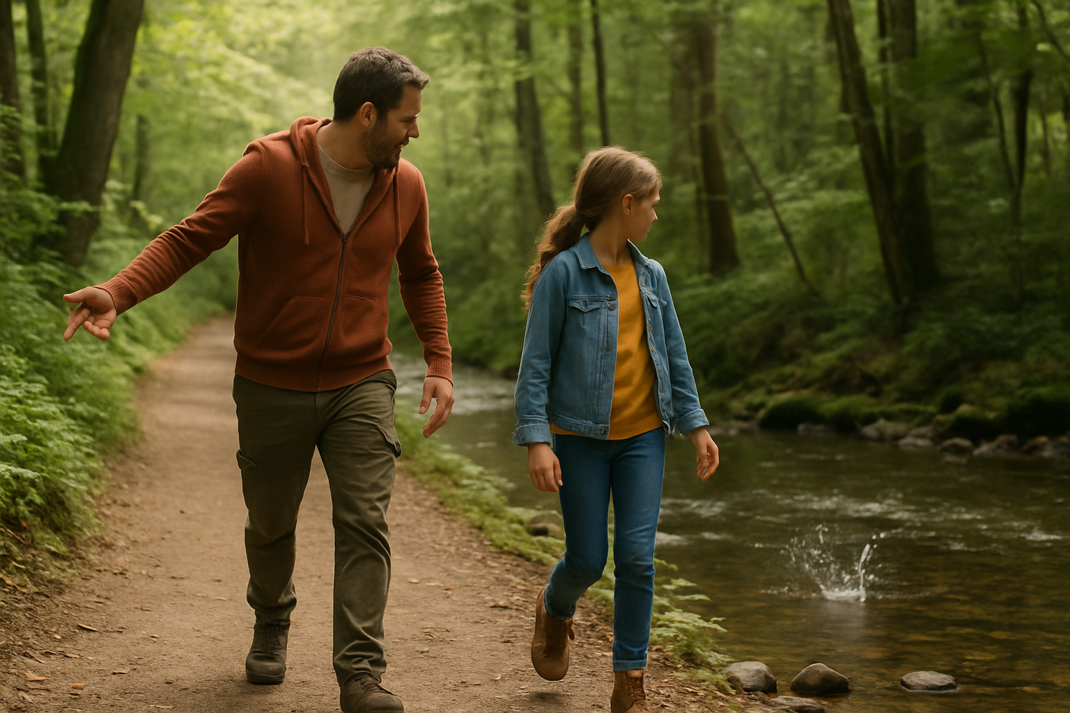 Father and daughter walking together in the woods beside a creek, building connection and keeping kids talking during divorce